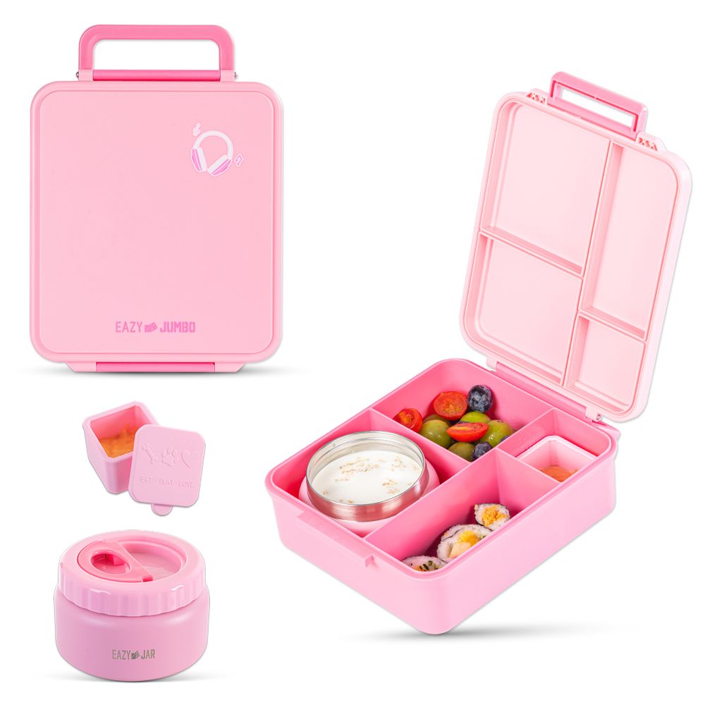 Eazy Kids - Jumbo Bento Lunch Box With Thermos & Dip Jar- Pink And Grey