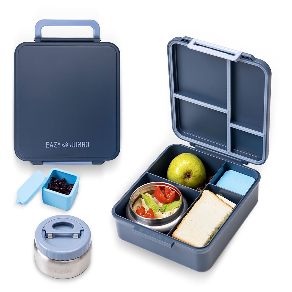 Eazy Kids - Jumbo Bento Lunch Box With Thermos & Dip Jar- Pink And Grey