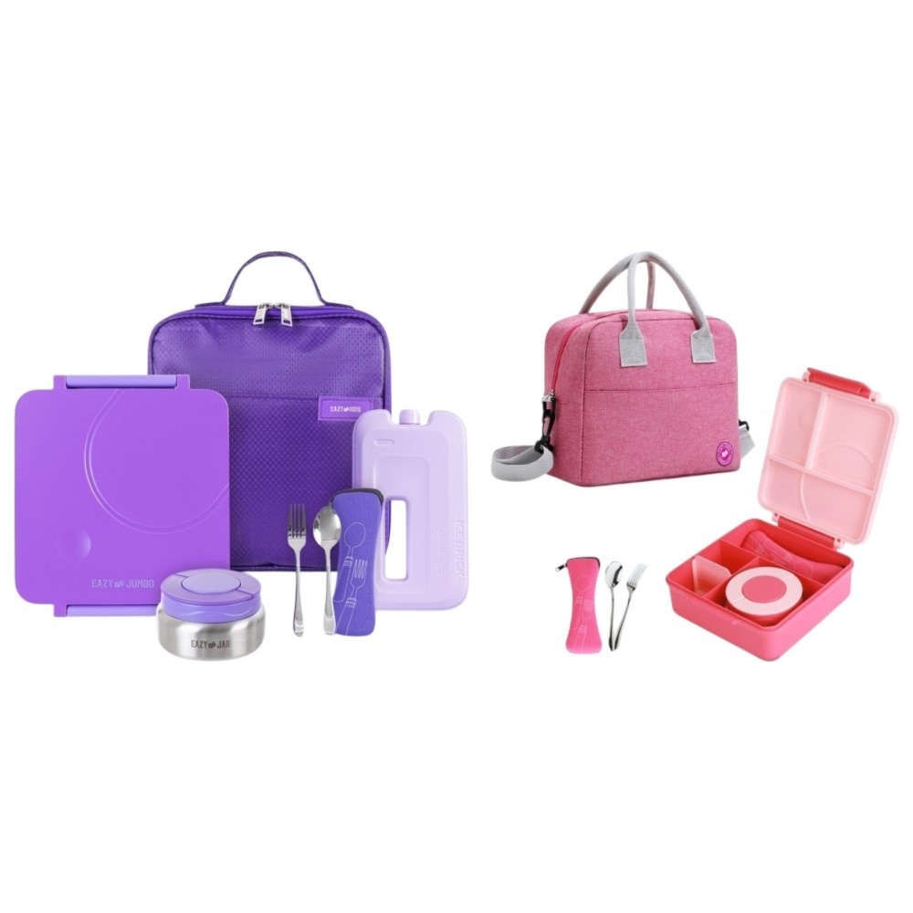 Eazy Kids - Jumbo Lunch Box With Cutlery And Lunch Bag - Pink And Bento Lunch Box With Food Jar, Icepack & Lunch Bag