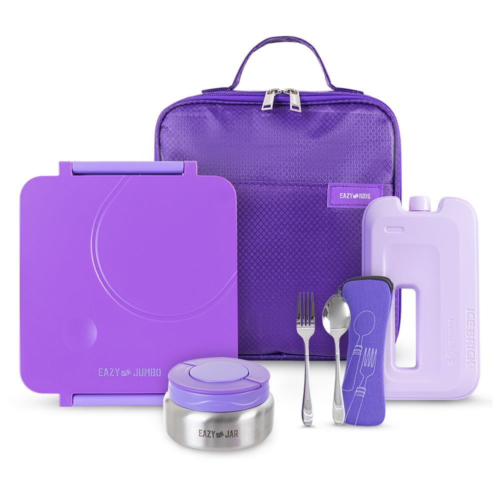 Eazy Kids - Jumbo Lunch Box With Cutlery And Lunch Bag - Pink And Bento Lunch Box With Food Jar, Icepack & Lunch Bag
