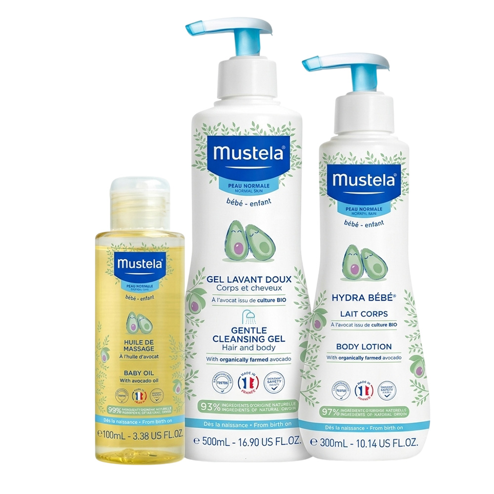 Mustela - Complete Daily Routine: Gentle Cleansing Gel - 500 ml With Hydra Bebe Body Lotion - 300 ml And Baby Massage Oil - 100 ml - 3 Pc Set