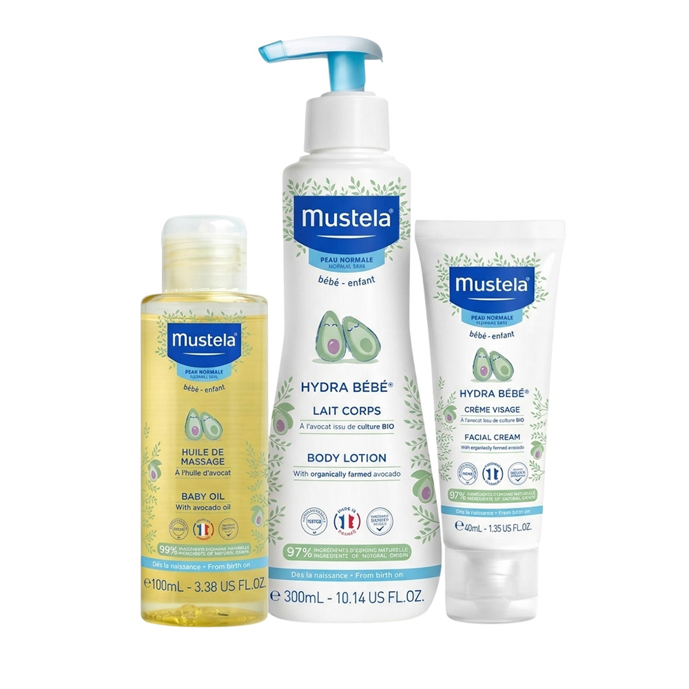 Mustela - Massage & Moisture Bedtime:  Baby Massage Oil - 100 ml With Hydra Bebe Body Lotion - 300 ml And Hydra Bebe Facial Cream 40 ml - 3 Pc Set