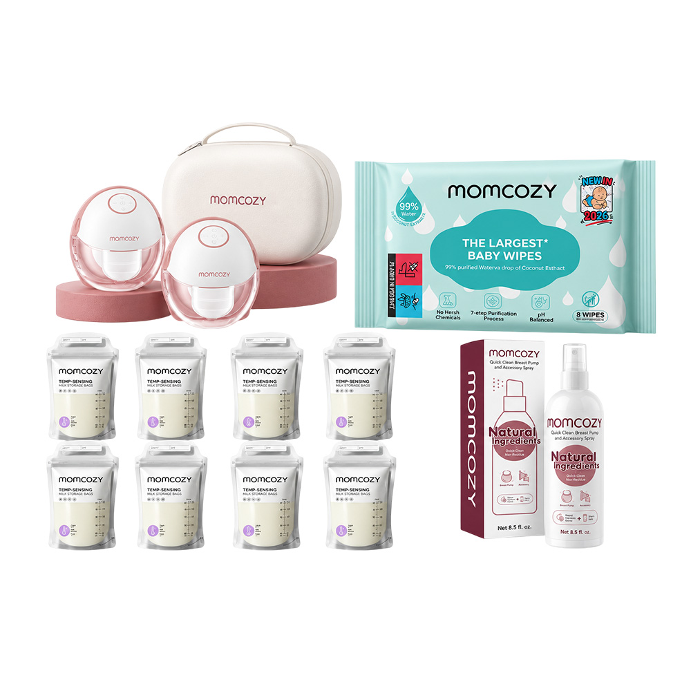 Momcozy - Mobile Style M6 Breast Pump - Cozy Red - 2 Pcs With Free Pack of 8 Momcozy Wipes , 1 Breast Pump Cleaning Spray And Sensing Milk Storage Bag - Clear - 8 Pc Set