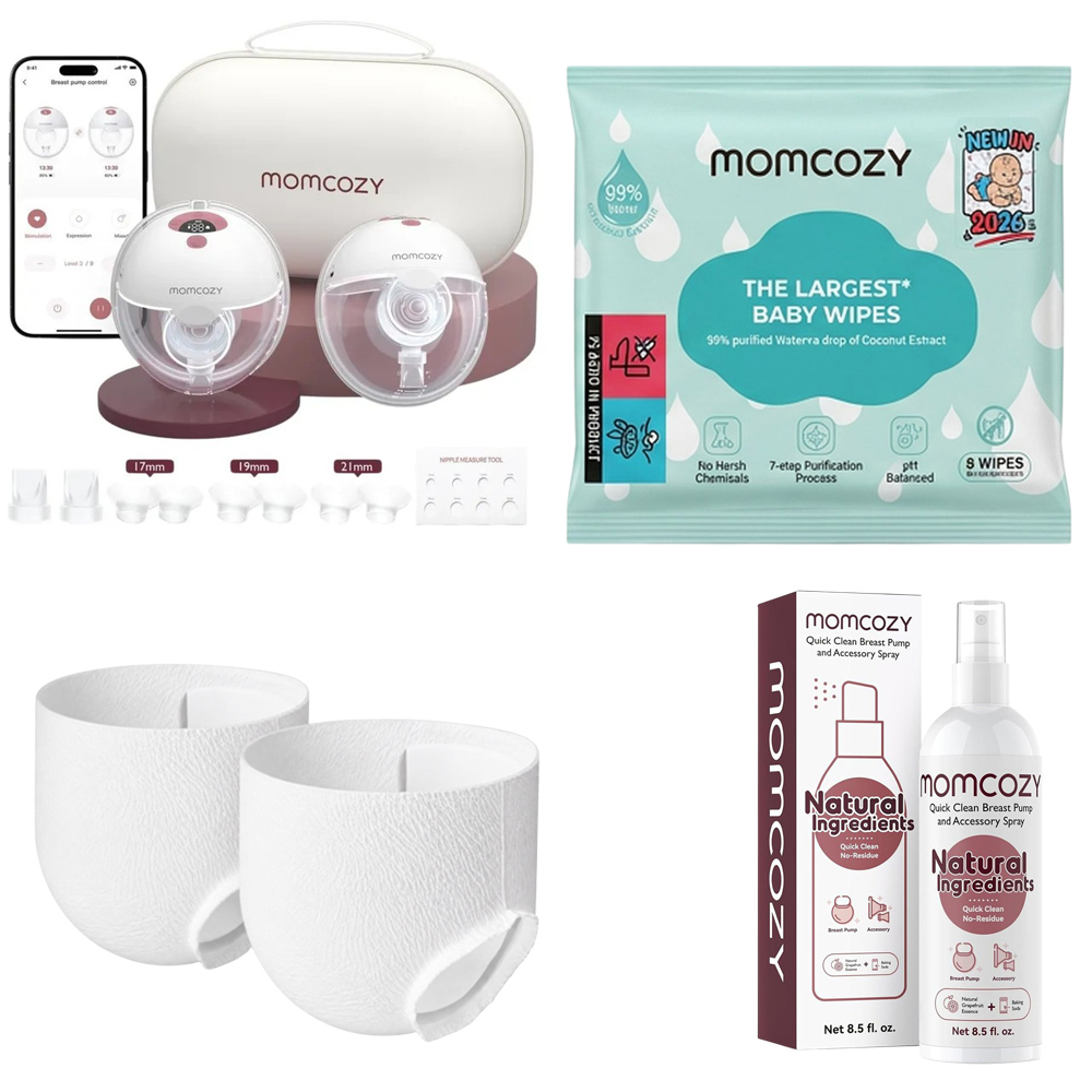 Momcozy - M5 Smart Hands-Free Wireless Electric Pump Double Wearable Breast Pump - Cozy Red With Free Pack of 8 Momcozy Wipes, 1 Breast Pump Cleaning Spray And 2 Nursing Disposable Maternity Underwear