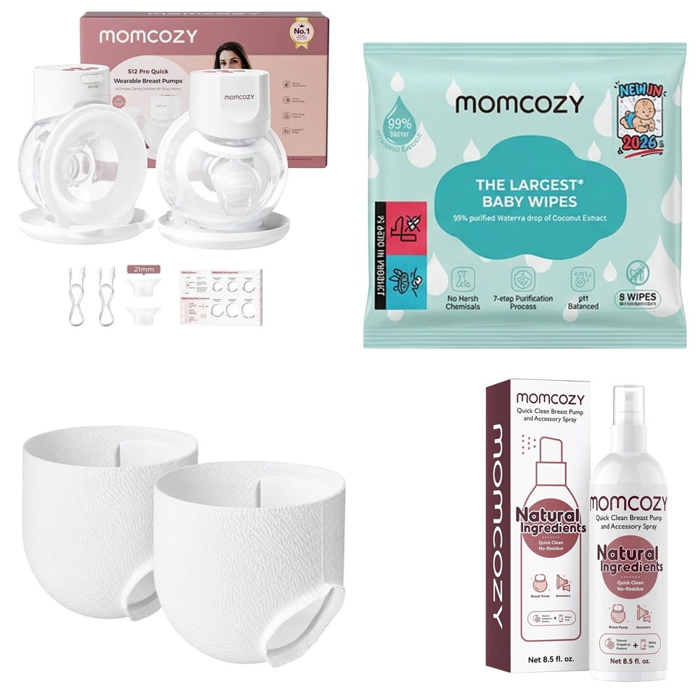Momcozy - S12 Pro Quick Hands-Free Wearable Double Breast Pump - White With Free Pack of 8 Momcozy Wipes, Breast Pump Cleaning Spray And 2 Nursing Disposable Maternity Underwear