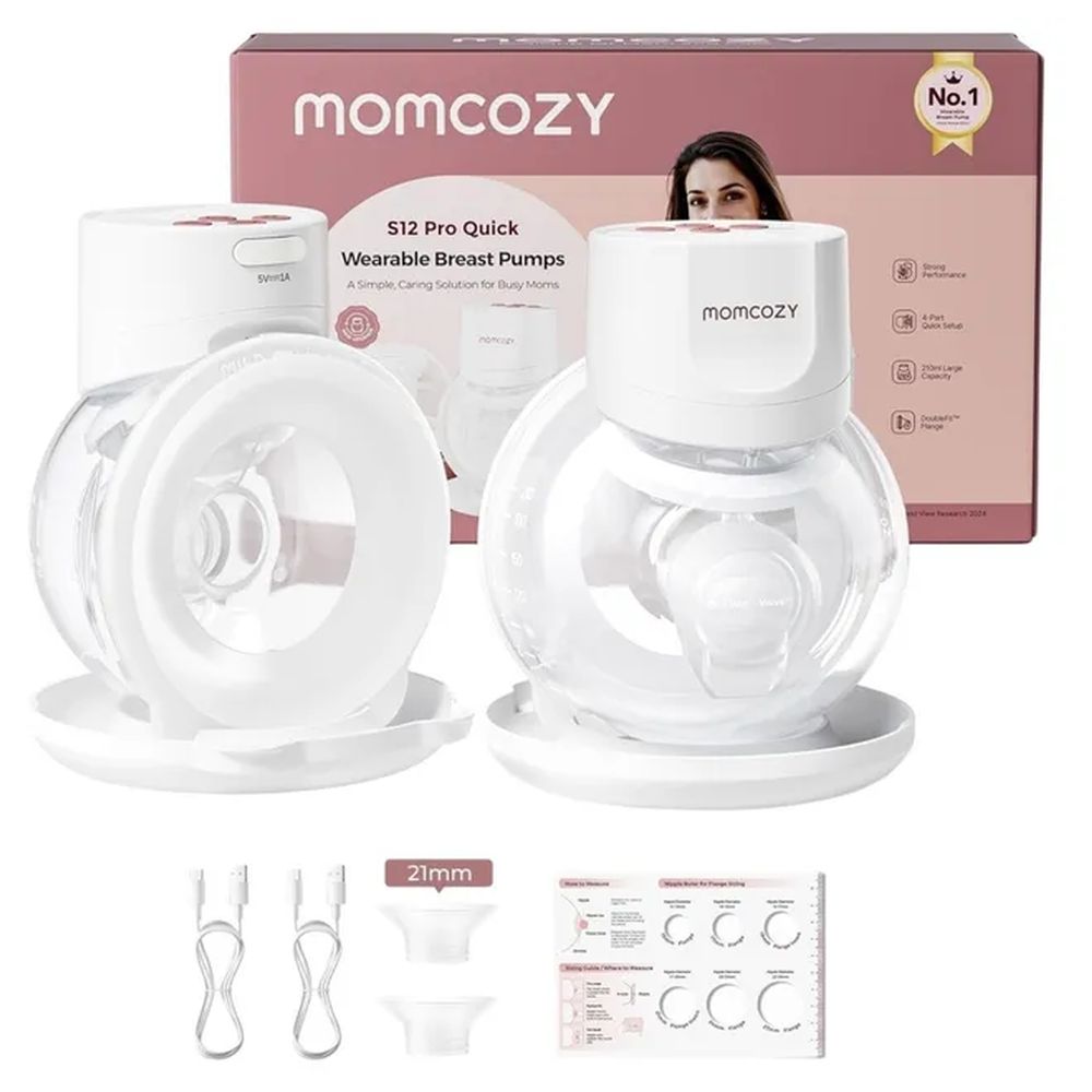 Momcozy - S12 Pro Quick Hands-Free Wearable Double Breast Pump - White With Free Pack of 8 Momcozy Wipes, Breast Pump Cleaning Spray And 2 Nursing Disposable Maternity Underwear