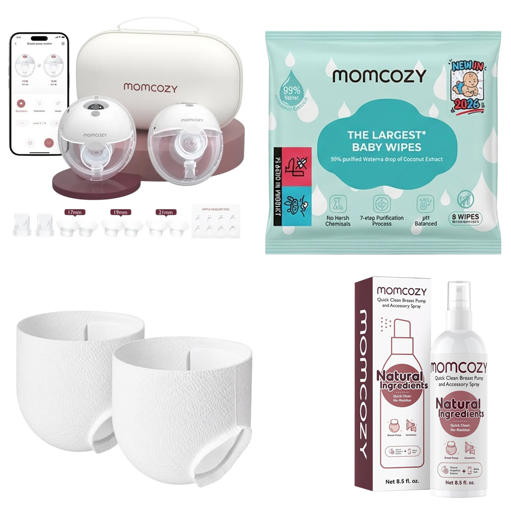Momcozy - M5 Smart Hands-Free Wireless Electric Pump Double Wearable Breast Pump - Gray With Free Pack of 8 Momcozy Wipes, Breast Pump Cleaning Spray And 2 Nursing Disposable Maternity Underwear