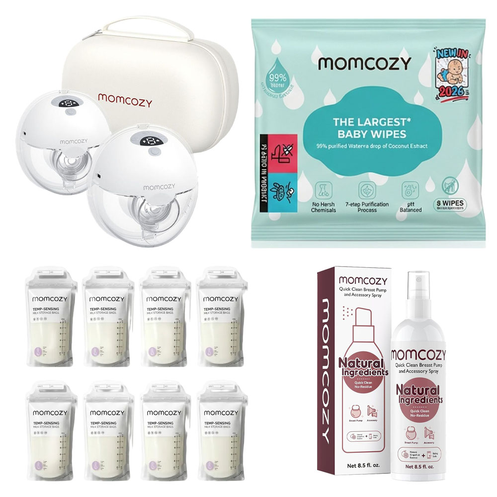 Momcozy - Hands-Free Electric Breast Pump M5 - Grey - 2pcs With Free Pack of 8 Momcozy Wipes , 1 Breast Pump Cleaning Spray And Sensing Milk Storage Bag - Clear - 8 Pc Set