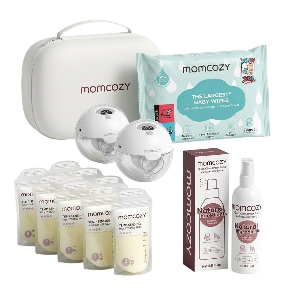Momcozy - Hands-Free Electric Breast Pump M5 - Grey - 2pcs With Free Pack of 8 Momcozy Wipes , 1 Breast Pump Cleaning Spray And Sensing Milk Storage Bag - Clear - 8 Pc Set