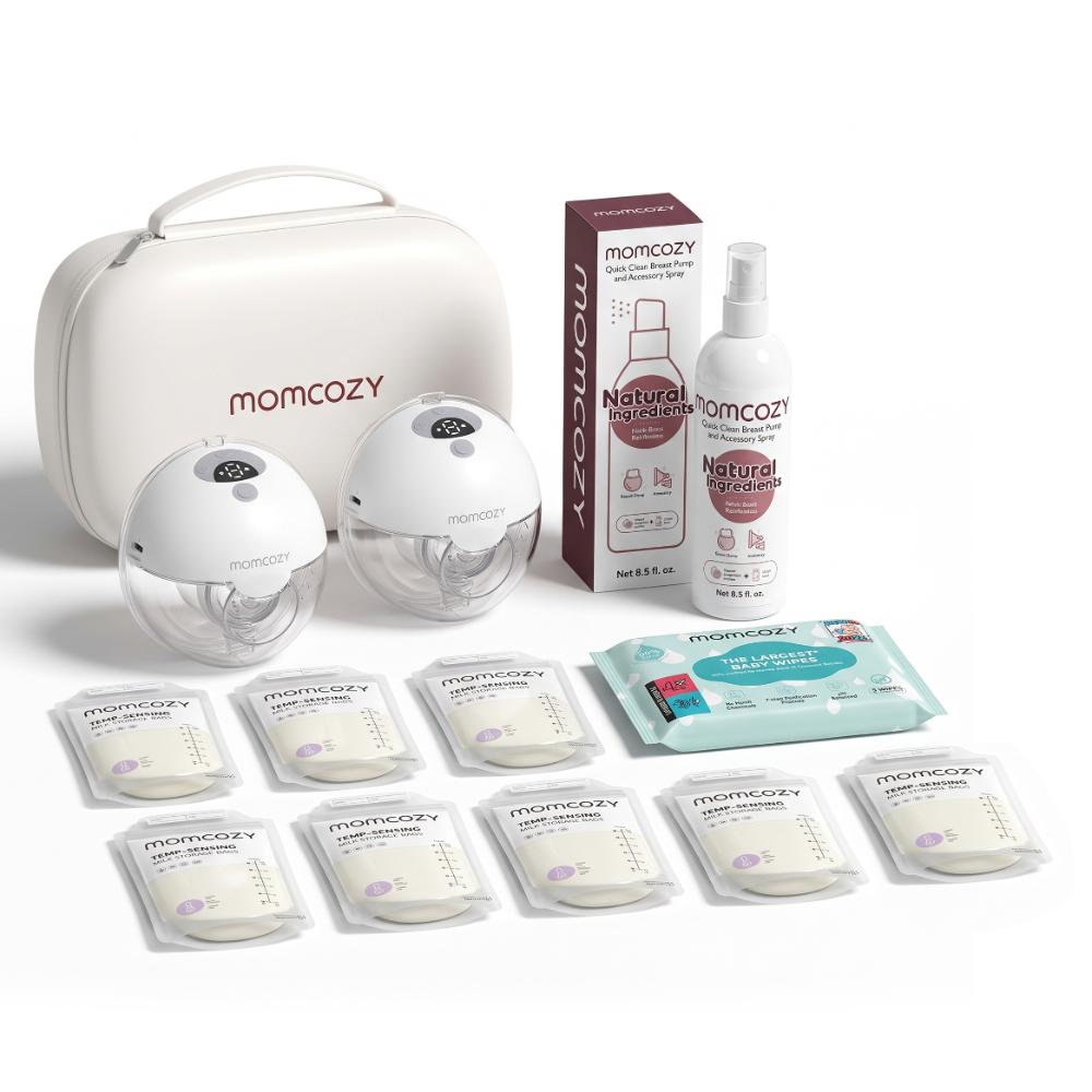 Momcozy - Hands-Free Electric Breast Pump M5 - Grey - 2pcs With Free Pack of 8 Momcozy Wipes , 1 Breast Pump Cleaning Spray And Sensing Milk Storage Bag - Clear - 8 Pc Set