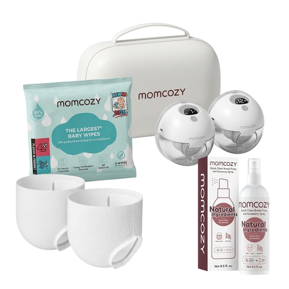 Momcozy - Hands-Free Electric Breast Pump M5 - Grey - 2pcs With Free Pack of 8 Momcozy Wipes, Breast Pump Cleaning Spray And 2 Nursing Disposable Maternity Underwear