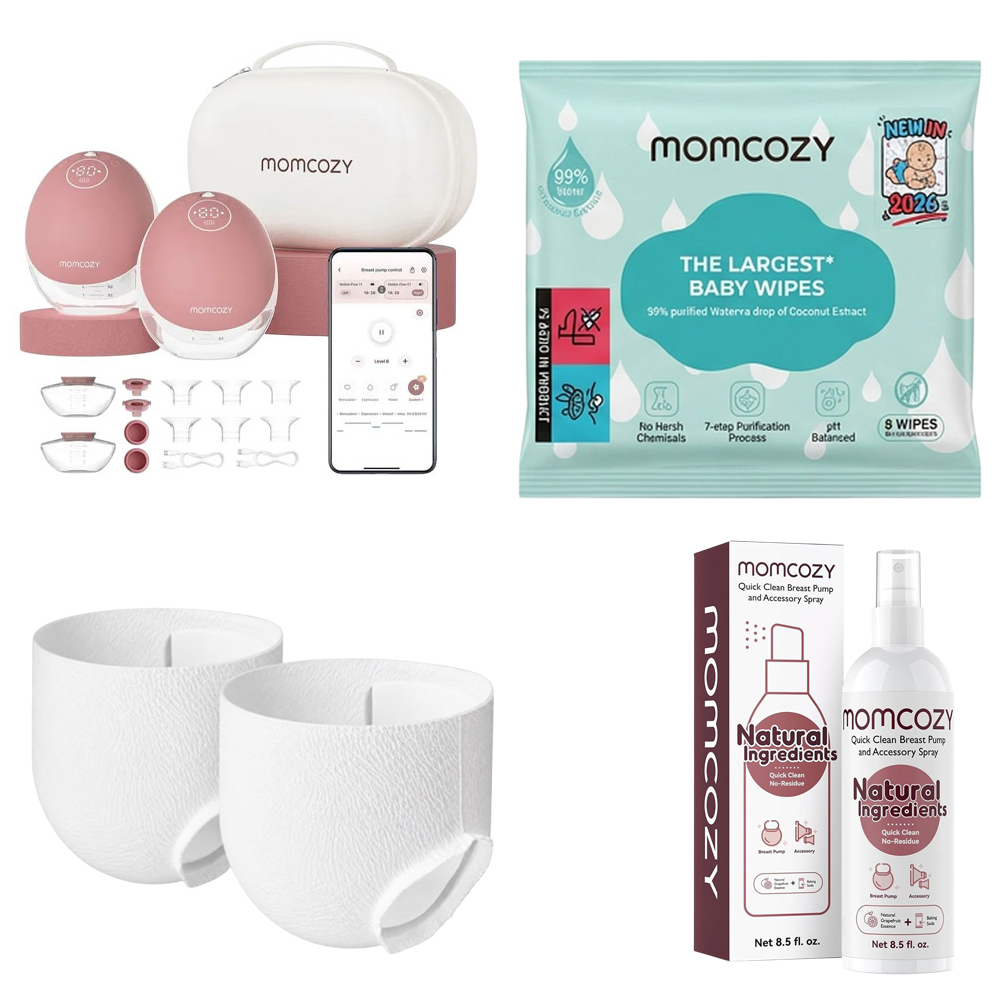 Momcozy - M9 Hands Free Breast Pump - Cozy Red - Pack of 2 - 24 mm With Free Pack of 8 Momcozy Wipes, Breast Pump Cleaning Spray  And 2 Nursing Disposable Maternity Underwear