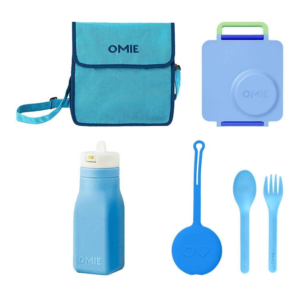 OmieBox - 3 Compartments Thermos Lunch Box, Lunch Bag, Water Bottle, Utensil & Holder Set - Blue - 6 Pcs