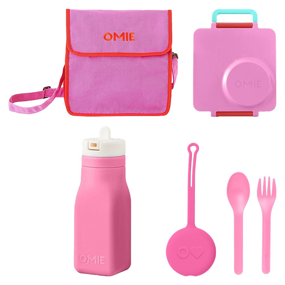OmieBox - 3 Compartments Bento Box With Thermos, Lunch Bag, Water Bottle, Utensil & Holder Set - Pink - 6 Pcs