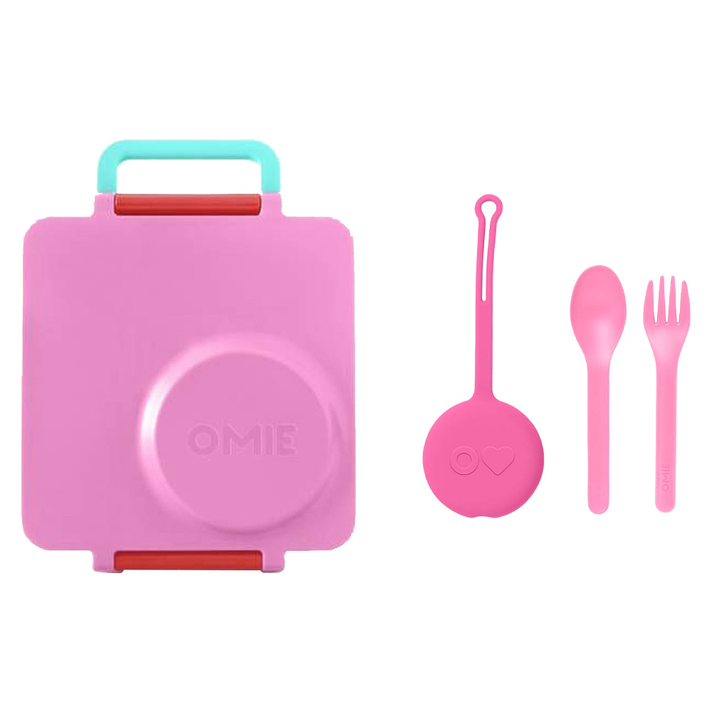 OmieBox - 3 Compartments Bento Box With Insulated Thermos, Utensil & Holder Set - Pink - 4 Pcs