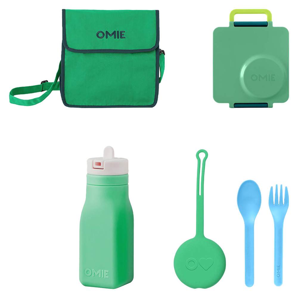 OmieBox - 3 Compartments Bento Box With Thermos, Lunch Bag, Water Bottle, Utensil & Holder Set - Green - 6 Pcs