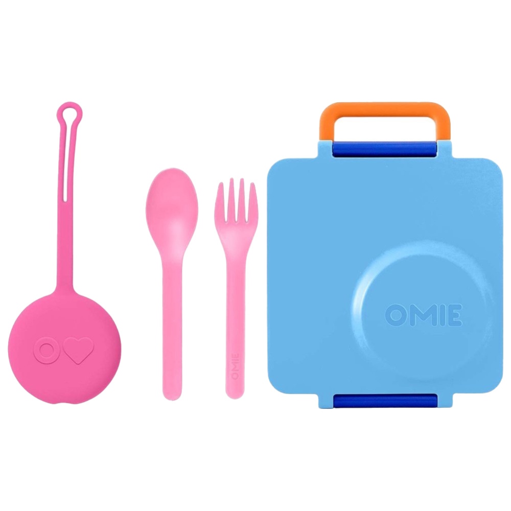 OmieBox - 2nd Gen 3 Compartments Kids Bento Box with Insulated Thermos - Blue And Utensil + Holder Set - Pink
