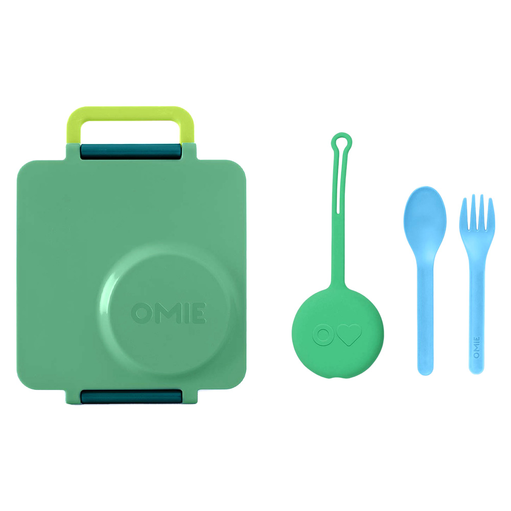 OmieBox - 3 Compartments Bento Box With Insulated Thermos, Utensil & Holder Set - Green - 4 Pcs