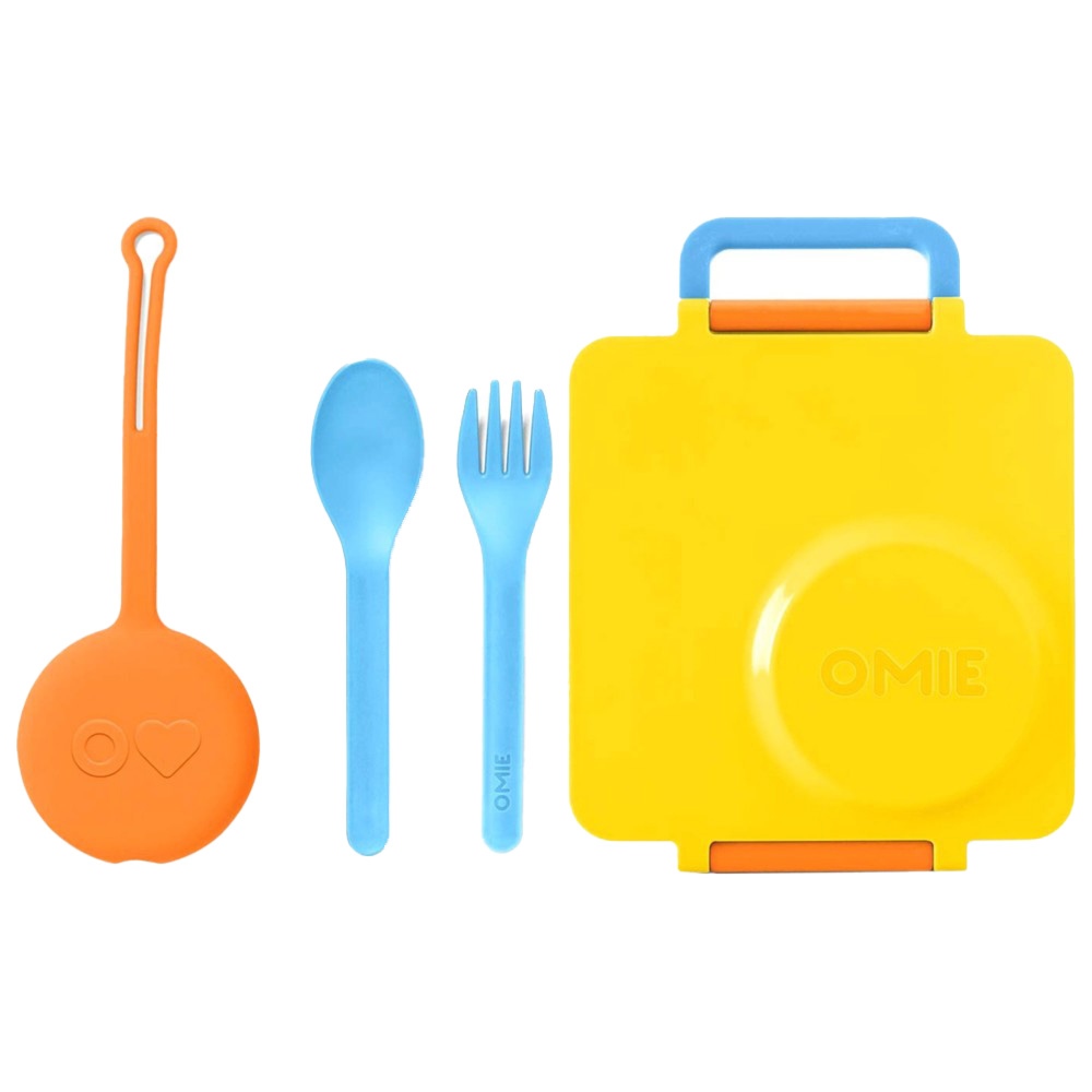 OmieBox - 2nd Gen 3 Compartments Kids Bento Box with Insulated Thermos - Sunshine And Utensil + Holder Set - Sunshine