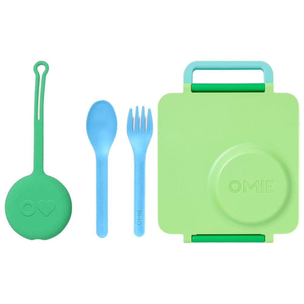 Omiebox - 3 Compartment Thermos Lunch Box - Apple Green And Utensil + Holder Set - Meadows
