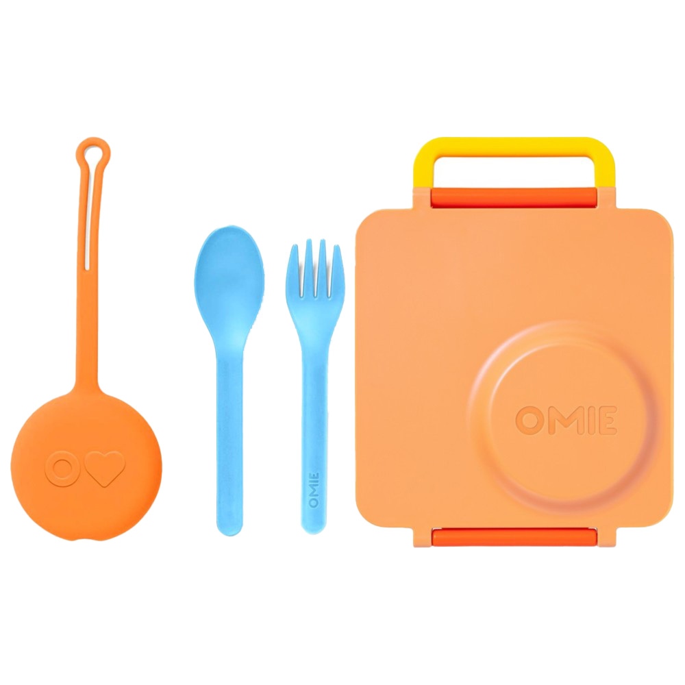 Omiebox - 3 Compartment Thermos Lunch Box - Poppy Orange And Utensil + Holder Set - Sunshine