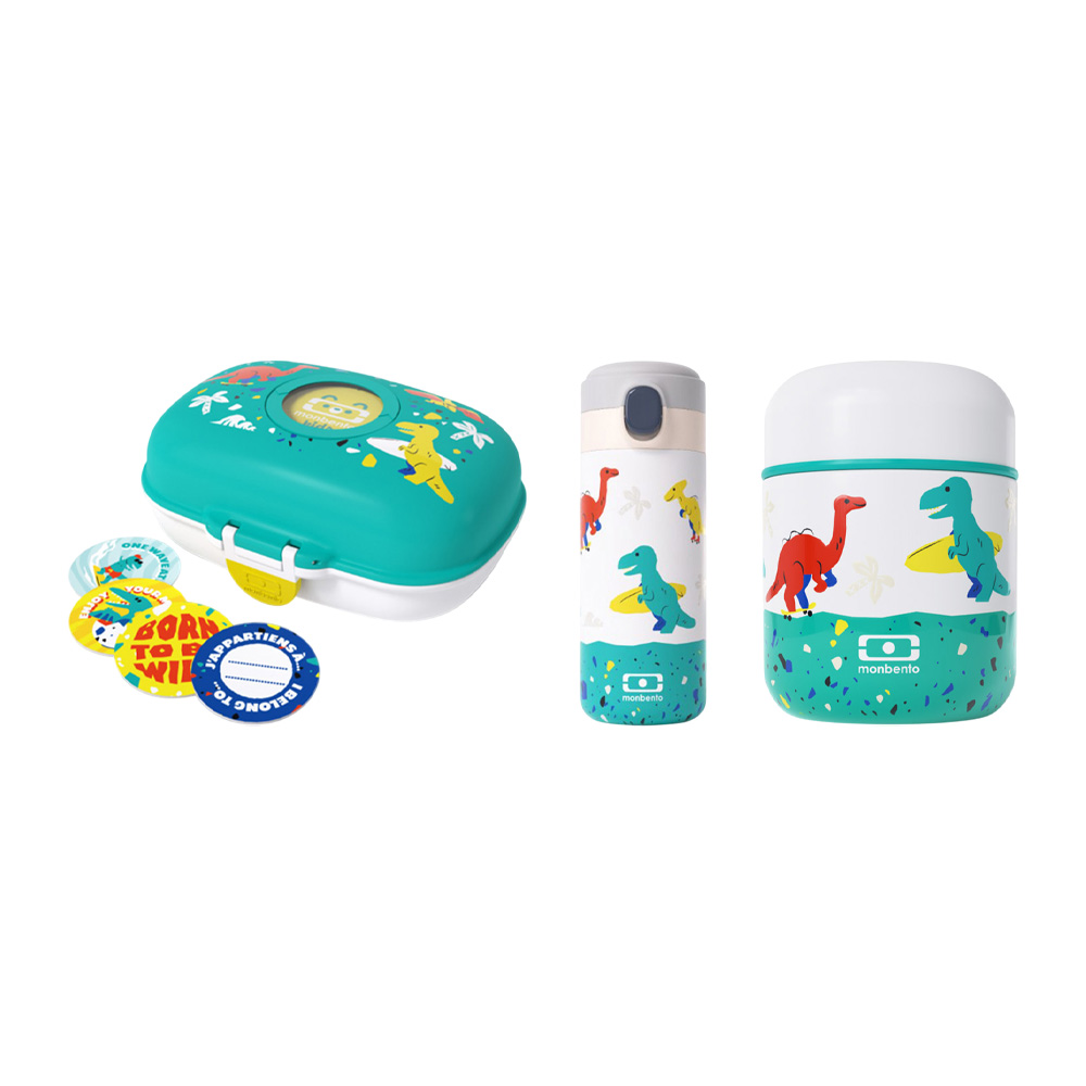 Monbento - Blue Dino Lunch & Hydration Trio Set - 3 Pcs