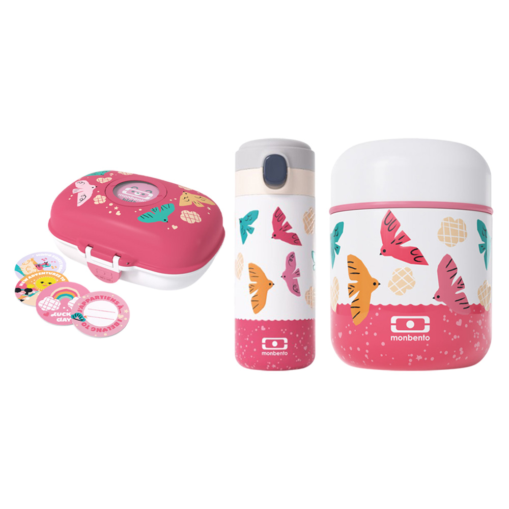 Monbento - Pink Birds Lunch & Hydration Trio Set - 3 Pcs