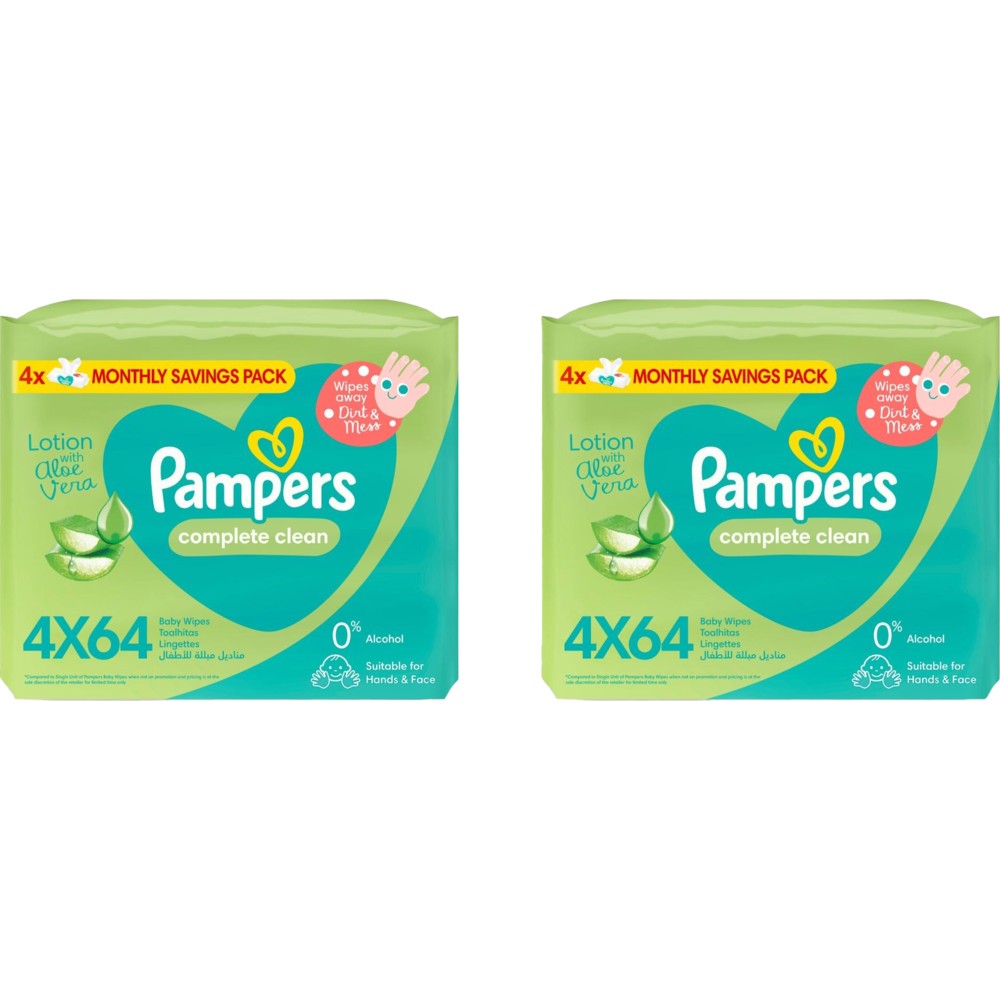 Pampers Complete Clean Baby Wipes with Aloe Vera Lotion, 4 Packs, 256 Count - Pack of 2