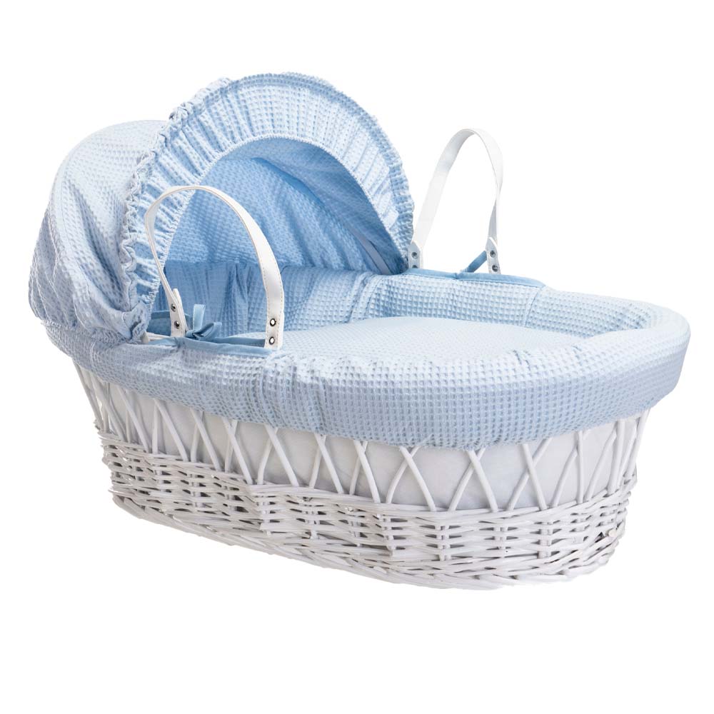 Clair de Lune Waffle White Wicker Moses Basket - Blue