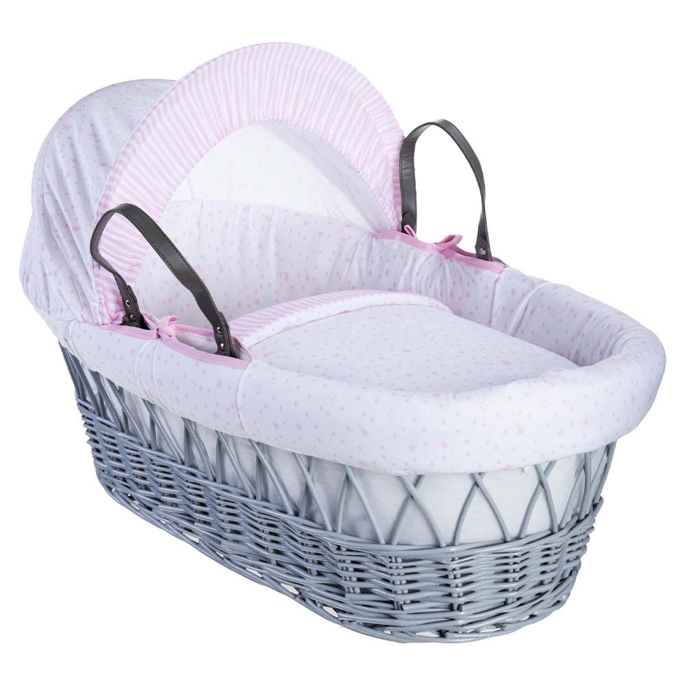 Clair de Lune Stars & Stripes Grey Wicker Moses Basket - Pink