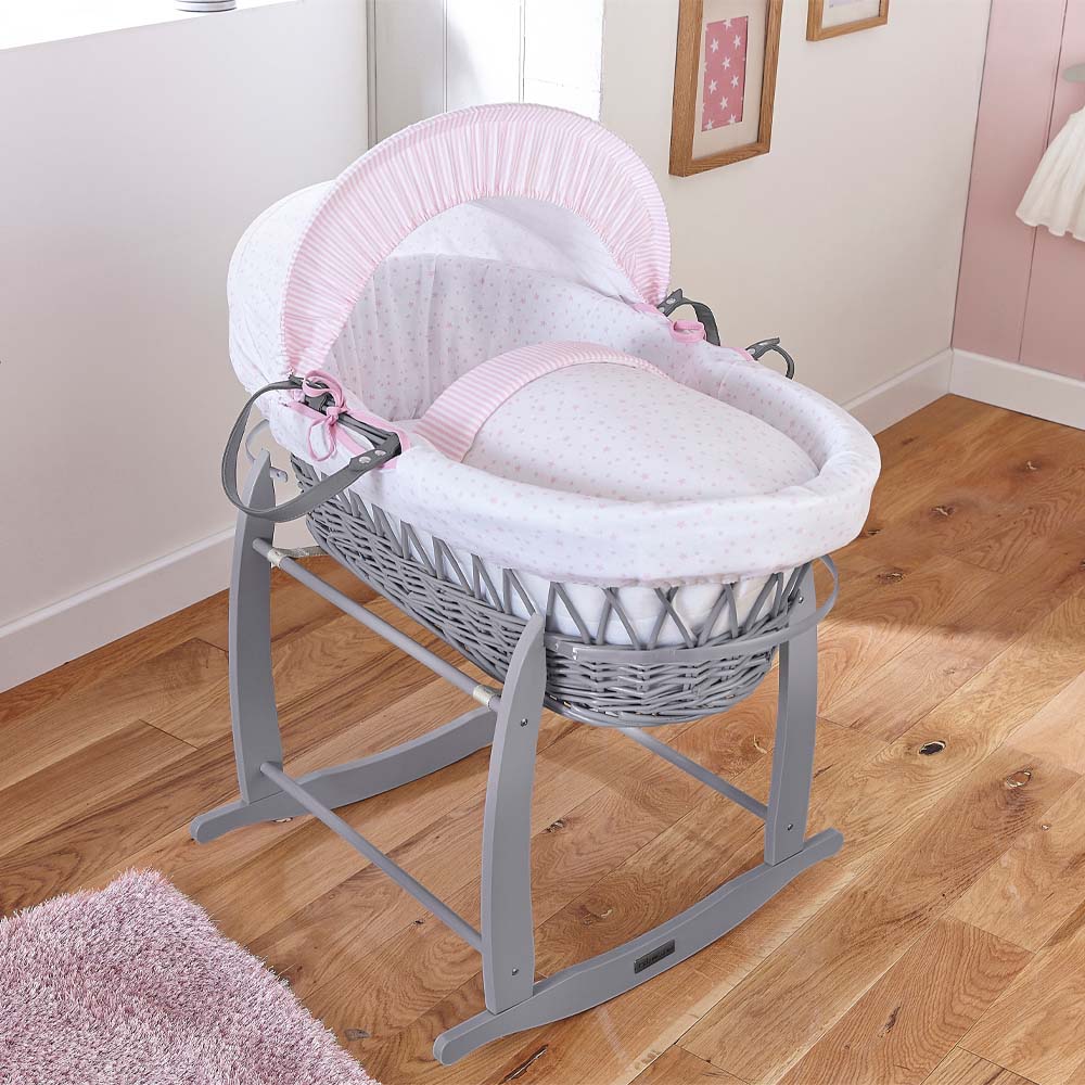 Clair de Lune Stars & Stripes Grey Wicker Moses Basket - Pink
