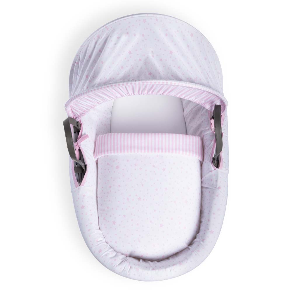 Clair de Lune Stars & Stripes Grey Wicker Moses Basket - Pink