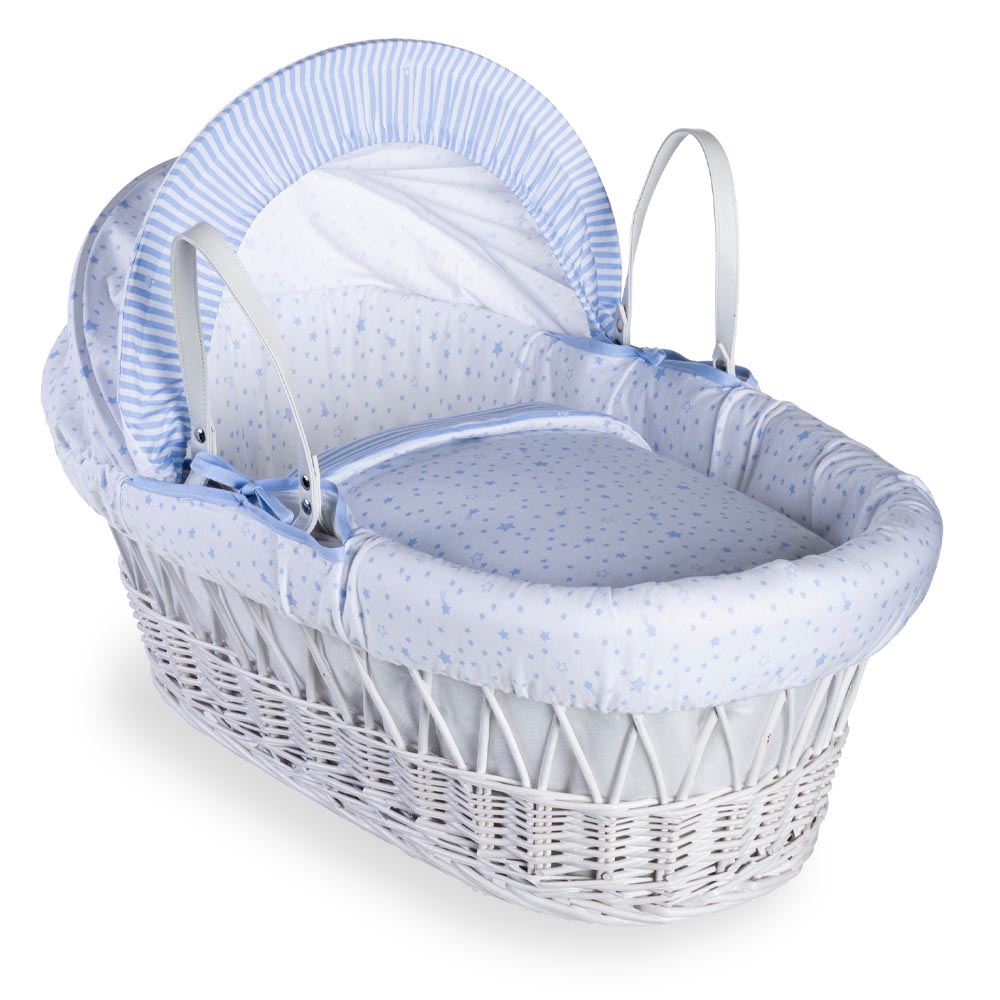 Clair de Lune - Stars & Stripes White Wicker Moses Basket - Blue