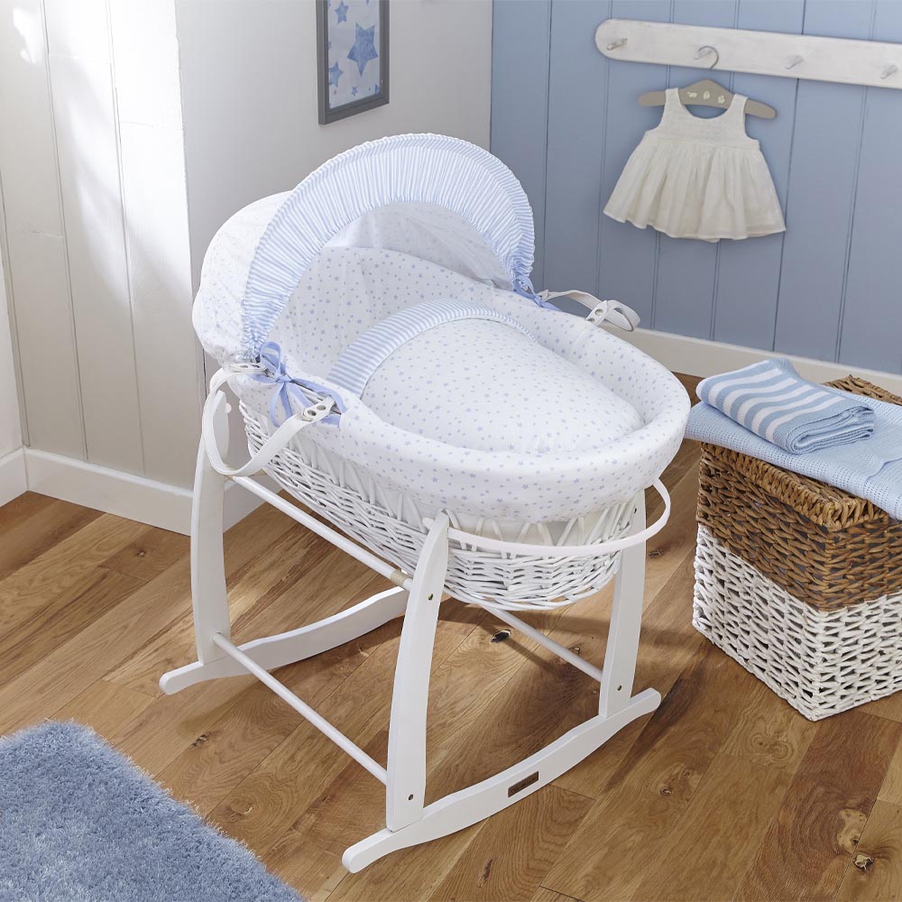 Clair de Lune - Stars & Stripes White Wicker Moses Basket - Blue