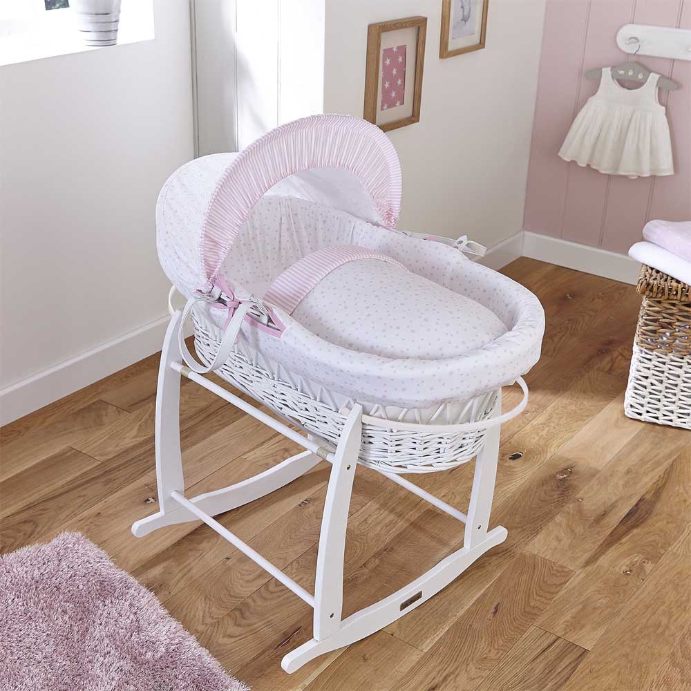 Clair de Lune - Stars & Stripes White Wicker Moses Basket - Pink