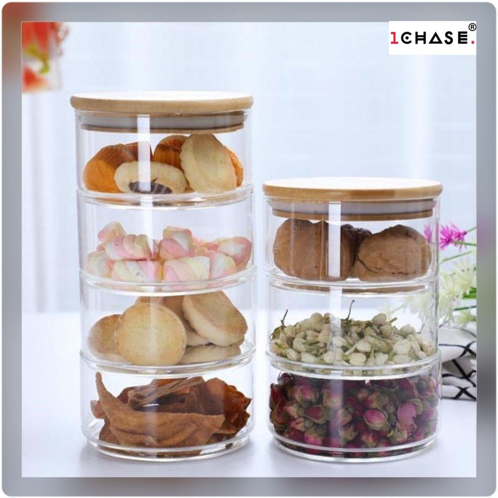 1Chase - 3 Layer Glass Food Storage Jar With Airtight Bamboo Lid