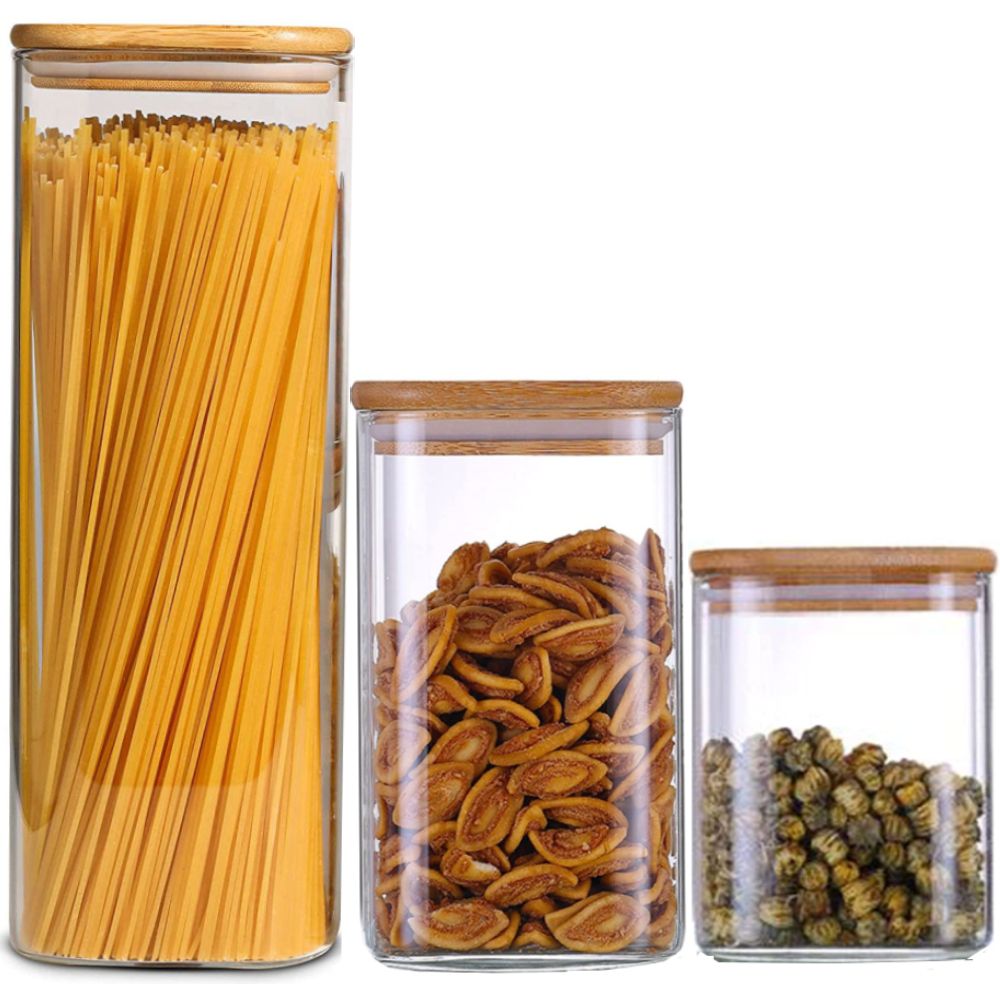 1Chase - Square Glass Storage Jar With Lid - 3pcs