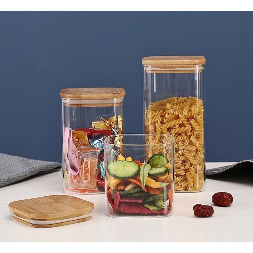 1Chase - Square Glass Storage Jar With Lid - 3pcs