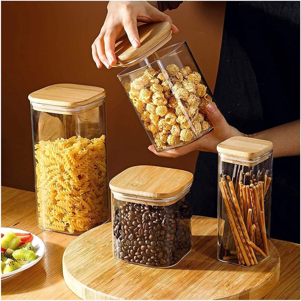 1Chase - Square Glass Storage Jar With Lid - 3pcs
