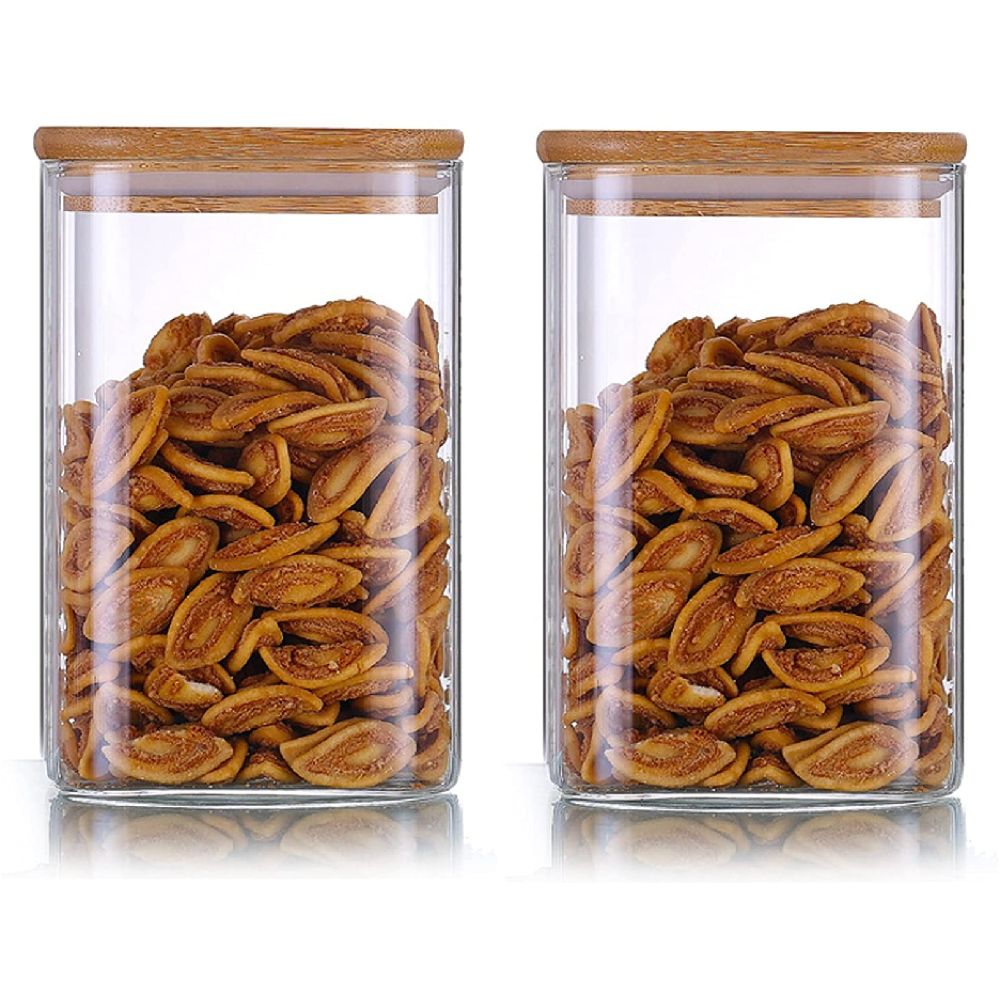 1Chase - Square Storage Jar With Bamboo Lid 750ml - Pack Of 2