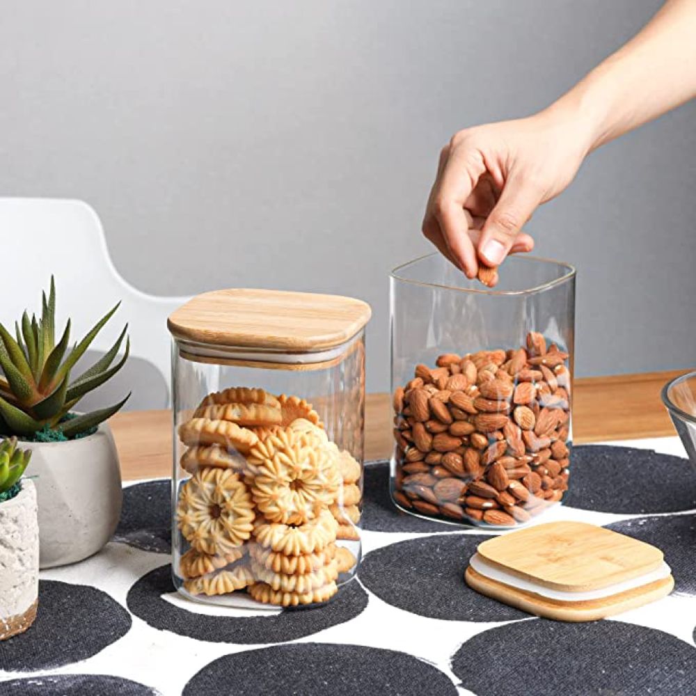 1Chase - Square Storage Jar With Bamboo Lid 750ml - Pack Of 2