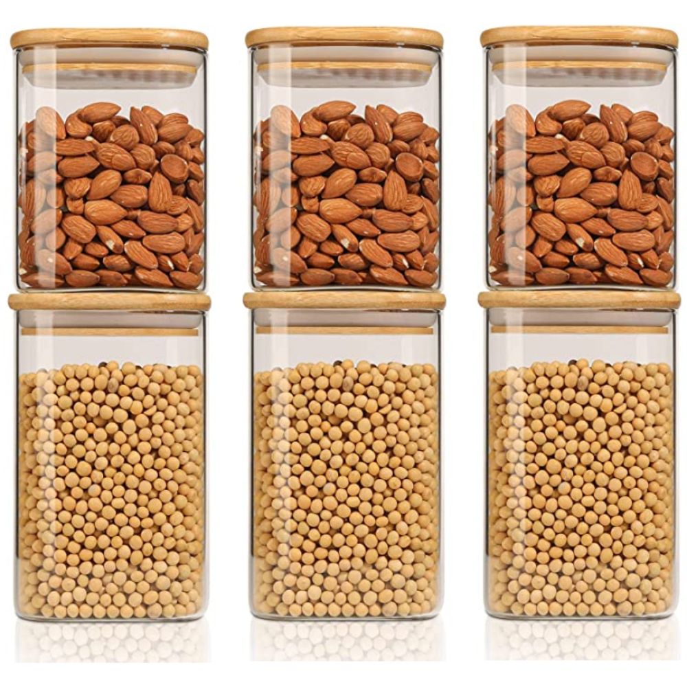 1Chase - Square Food Storage Jar With Bamboo Lid - Pack of 6