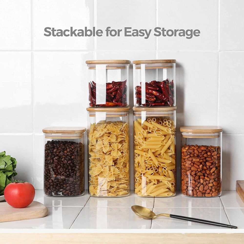 1Chase - Square Food Storage Jar With Bamboo Lid - Pack of 6