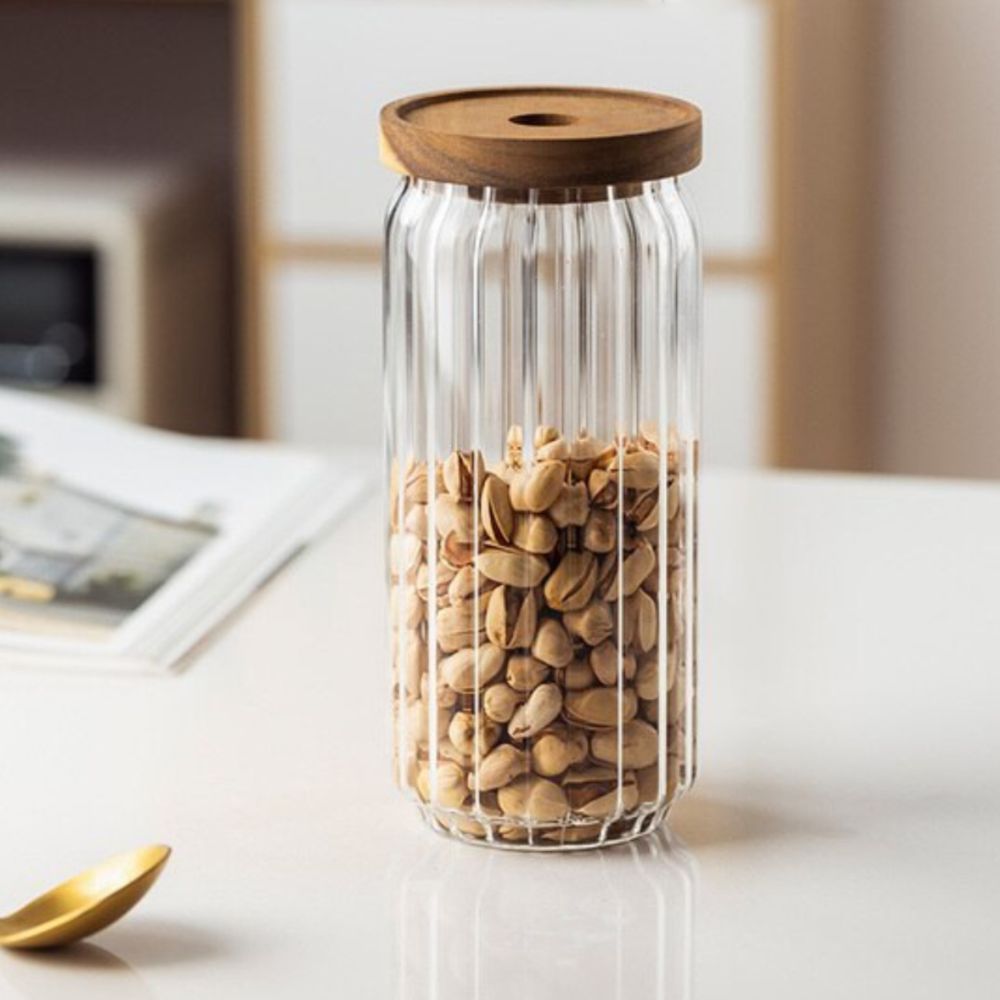 1Chase - Borosilicate Stripe Glass Food Storage Jar With Lid 1000ml - 2pcs