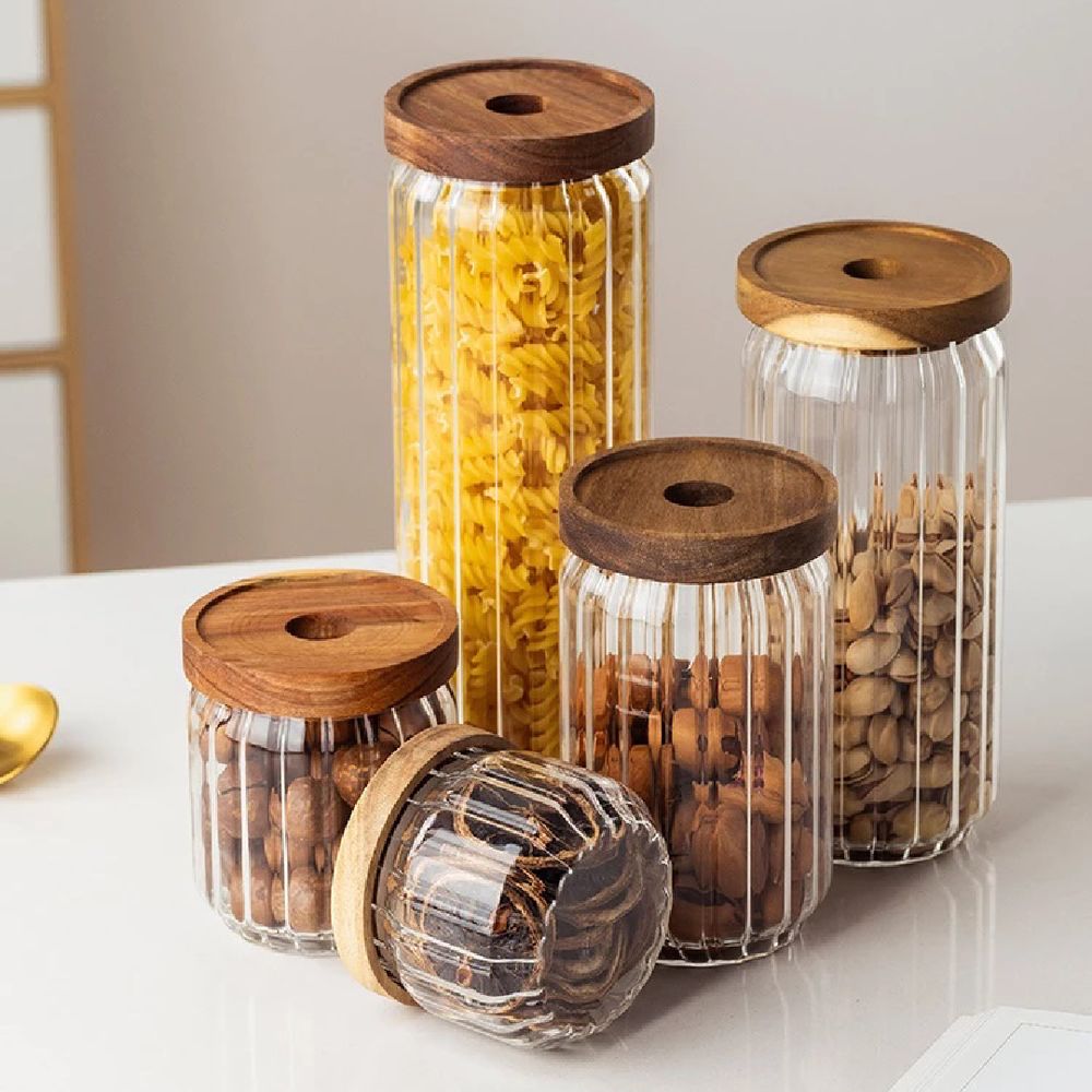 1Chase - Borosilicate Stripe Glass Food Storage Jar With Lid - 3pcs