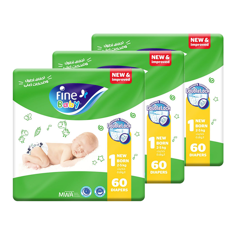 Fine Baby - Baby Diapers - Size 1 - Medium - 2-5 kg - Pack of 3 - 180 Pcs
