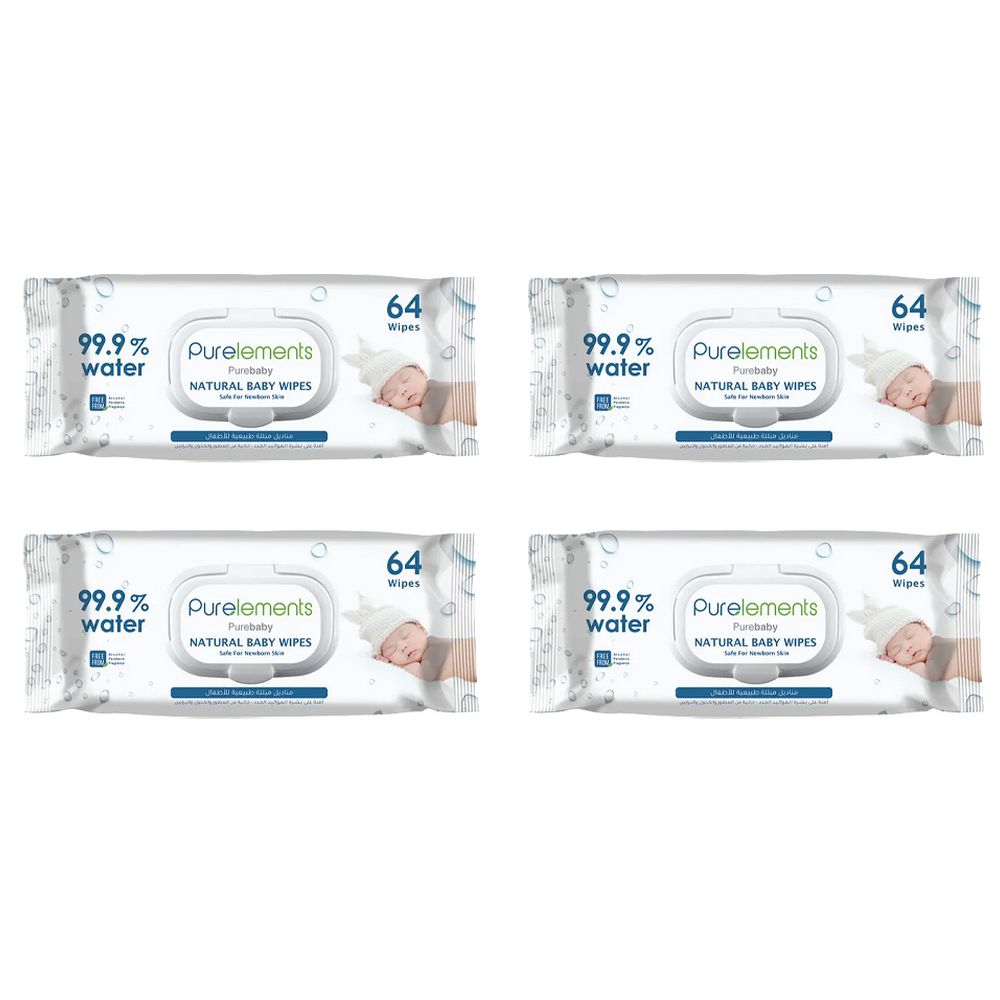 Purelements - 99.9% Water Wipes - Pack of 4 - 256 Wipes