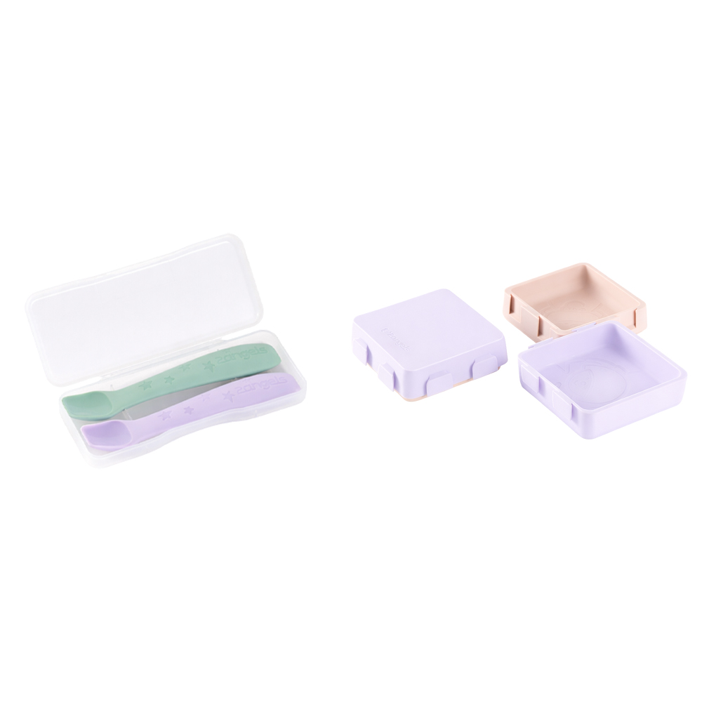 2angels - 2-Pack Silicone Spoons with Travel Case And 2 in 1 Silicone Plate - Lavender/Latte
