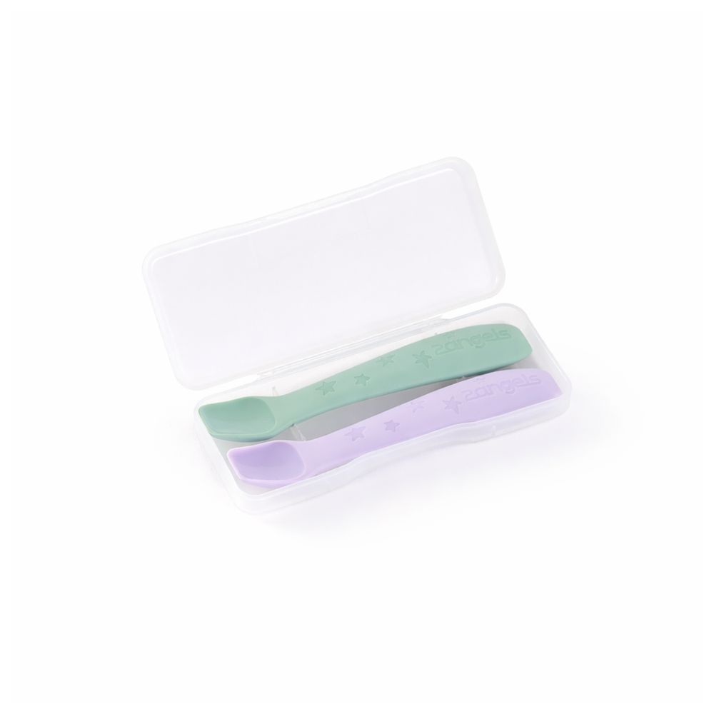 2angels - 2-Pack Silicone Spoons with Travel Case And 2 in 1 Silicone Plate - Lavender/Latte
