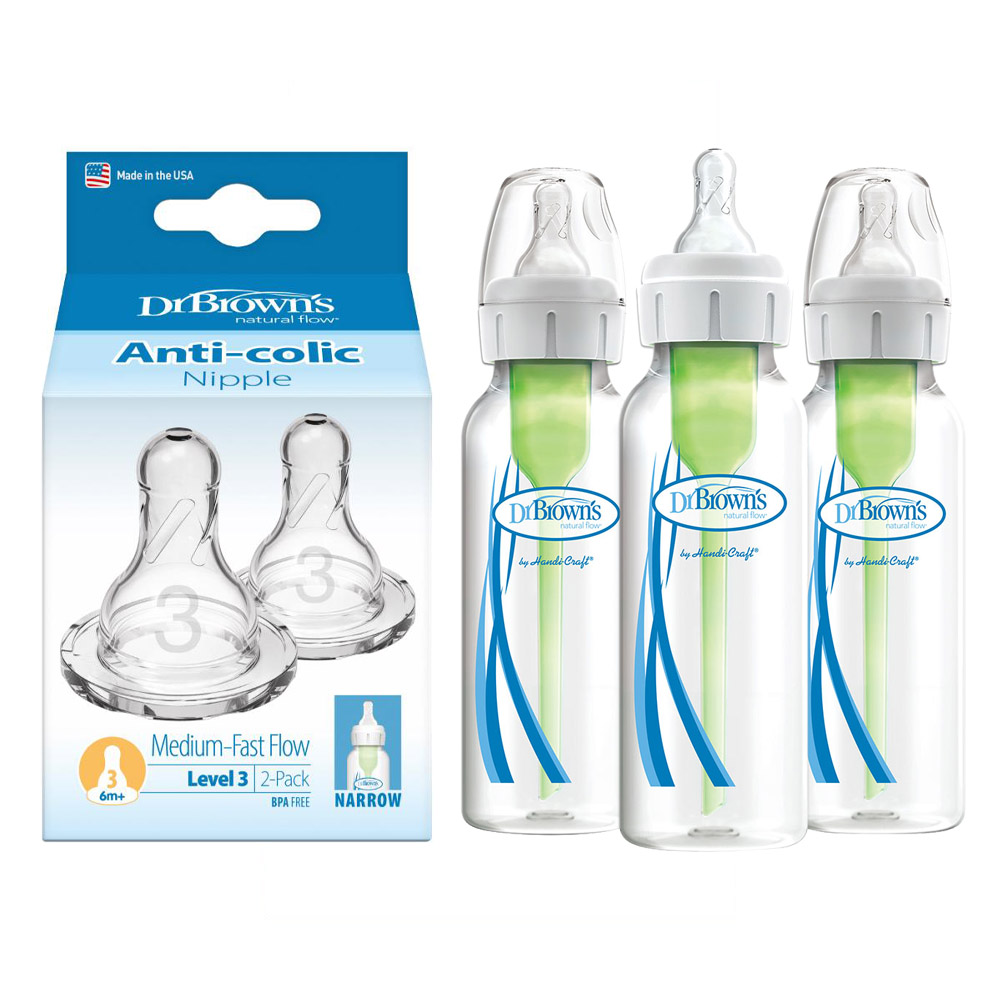 Dr. Brown's - Narrow Options+ Bottle - 250 ml - 3 Pcs With Nipple Level 3 - 2 Pcs